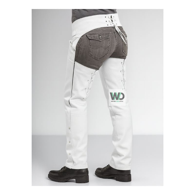 white leather biker chaps rear utility pocket design