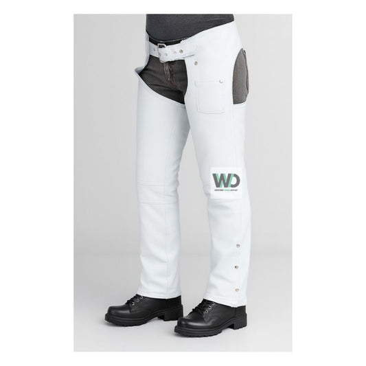 Women’s white leather biker chaps with belt and utility pocket front view