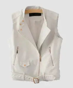 White leather biker vest women asymmetrical zip belted front view