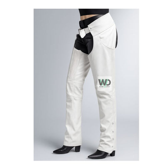 Women’s white leather chaps with buttoned leg opening front view