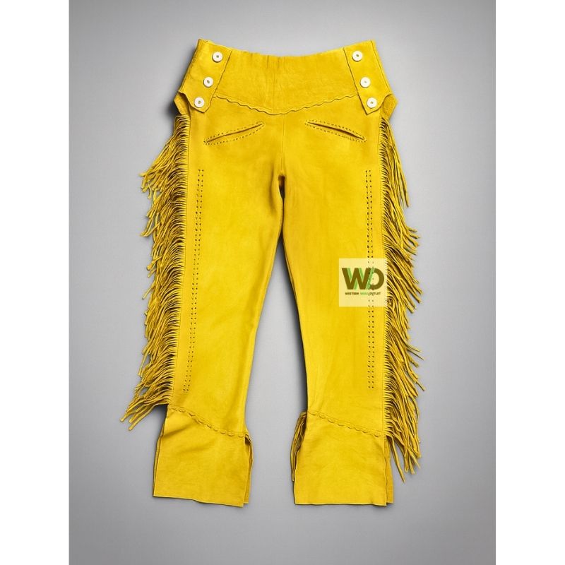 Yellow suede fringe pants western style with side fringe front view