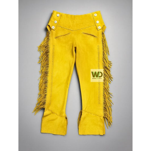 Yellow suede fringe pants western style with side fringe front view