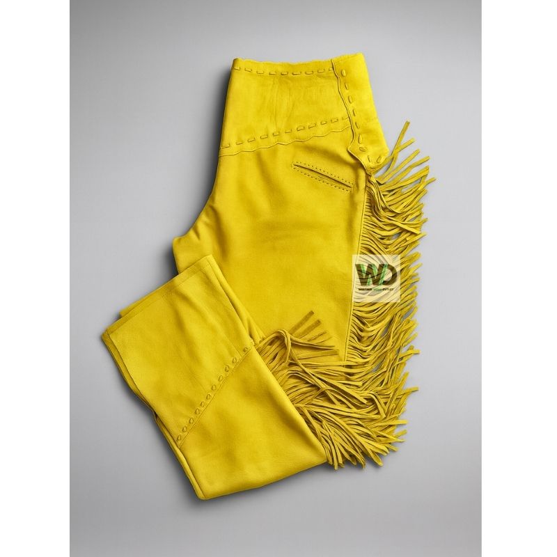 Side view of yellow suede fringe pants with western detailing